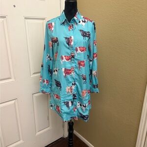 Turquoise Cow-Print Button Tunic Shirt